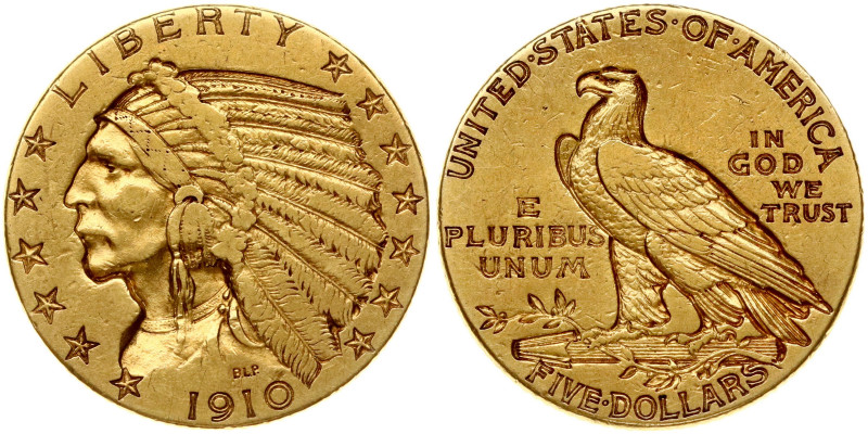 USA 5 Dollars 1910 'Indian Head - Half Eagle'. Obverse: Indian head wearing a wa...