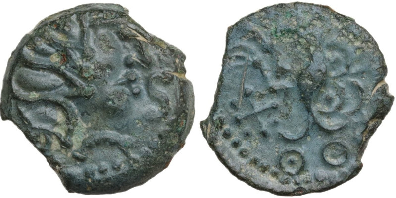 Celtic World. Northwest Gaul, Senones. AE 15 mm, 100-50 BC. Obv. Stylised head r...