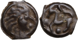 Celtic World. Northwest Gaul, Senones. Potin Unit, 100-50 BC. Obv. Stylised head right. Rev. Stylised horse left; two pellets. D&T 2640; LT 7417. Poti...