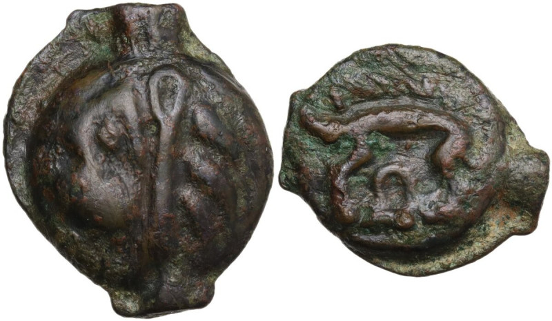 Celtic World. Northeast Gaul, Leuci. Potin Unit, 100-50 BC. Obv. Stylised head l...