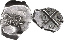 Celtic World. Southern Gaul, Volcae Arecomici. AR Drachm, 1st century BC. Obv. Celticized head left with Y- and S-shaped hair. Rev. Cross with crescen...