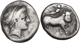 Greek Italy. Central and Southern Campania, Neapolis. AR Nomos, 420-400 BC. Obv. Head of nymph right. Rev. Man-headed bull right; above, Nike flying r...