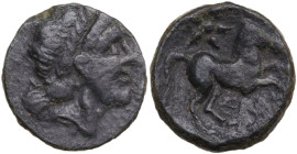 Greek Italy. Northern Apulia, Salapia. AE 18 mm, 225-210 BC. Obv. Laureate head of Apollo right. Rev. Horse galloping right; above, star. HN Italy 692...
