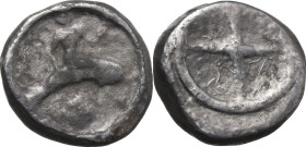 Greek Italy. Southern Apulia, Tarentum. AR Nomos, c. 480-470 BC. Lightly toned, underlying luster. Obv. Phalanthos, nude, riding dolphin right, extend...
