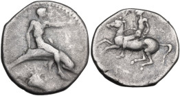 Greek Italy. Southern Apulia, Tarentum. AR Nomos, 425-380 BC. Obv. Phalanthos riding on dolphin right; below, cockle shell. Rev. Horseman left. HN Ita...