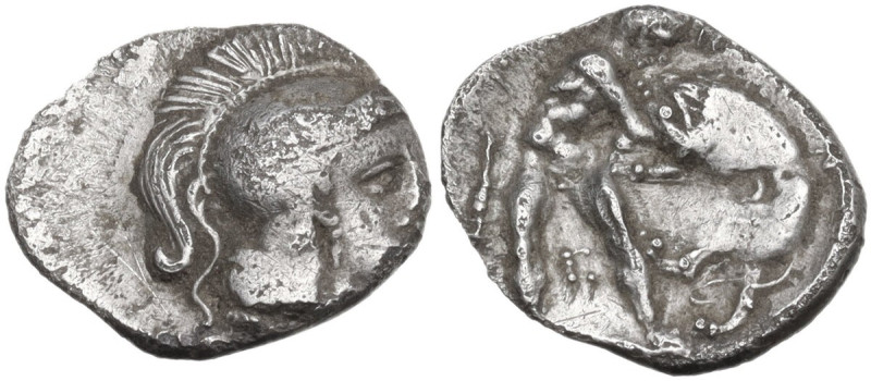 Greek Italy. Southern Apulia, Tarentum. AR Diobol, 325-280 BC. Obv. Head of Athe...