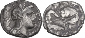 Greek Italy. Southern Apulia, Tarentum. AR Diobol, 325-280 BC. Obv. Head of Athena right, wearing helmet decorated with Scylla. Rev. Herakles fighting...