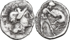 Greek Italy. Southern Apulia, Tarentum. AR Diobol, 325-280 BC. Obv. Head of Athena right, wearing helmet decorated by Scylla. Rev. Herakles fighting l...