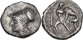 Greek Italy. Southern Apulia, Tarentum. AR Diobol, 280-228 BC. Obv. Head of Athena left, wearing Corinthian helmet. Rev. Herakles fighting lion right;...