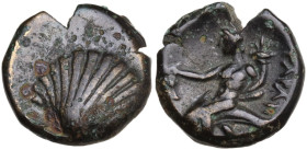 Greek Italy. Southern Apulia, Tarentum. AE 13 mm, 275-200 BC. Obv. Cockle shell. Rev. Phalanthos riding on dolphin left, holding kantharos and cornuco...