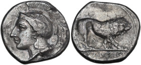 Greek Italy. Northern Lucania, Velia. AR Nomos, c. 340-334 BC. Obv. Head of Athena right, wearing Attic helmet decorated with griffin; behind, neck-gu...