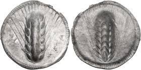 Greek Italy. Southern Lucania, Metapontum. AR Nomos, c. 540-510 BC. Obv. ΜΕΤΑ to right. Ear of barley with eight grains. Rev. Incuse ear of barley wit...