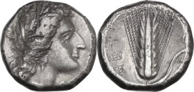 Greek Italy. Southern Lucania, Metapontum. AR Stater, 330-290 BC. Obv. Head of Demeter right, wearing wreath of grain. Rev. Ear of barley; to right, p...