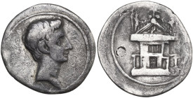 Augustus (27 BC - 14 AD). AR Denarius, uncertain mint, 29-27 BC. Obv. Head right. Rev. Temple; Victory on globe at apex, warriors at angles. RIC I (2n...