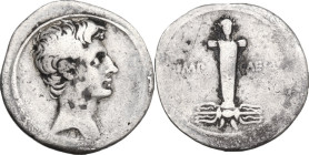 Augustus (27 BC - 14 AD). AR Denarius, Uncertain mint in Italy, 29-27 BC. Obv. Head of Octavian, bare, right. Rev. Terminal figure of Octavian, placed...