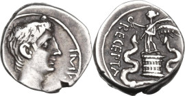 Augustus (27 BC - 14 AD). AR Quinarius, uncertain mint in Asia Minor, 29-26 BC. Obv. Head right. Rev. Victory standing left in cista mystica, holding ...
