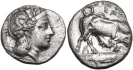 Greek Italy. Southern Lucania, Thurium. AR Nomos, 350-300 BC. Obv. Head of Athena right, wearing helmet decorated with Scylla hurling rock. Rev. Bull ...