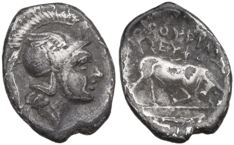 Greek Italy. Southern Lucania, Thurium. AR Triobol, 300-280 BC. Obv. Head of Ath...