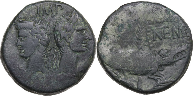 Augustus (27 BC - 14 AD) with Agrippa. AE As, Nemausus mint, c. 16 -10 BC. Obv. ...
