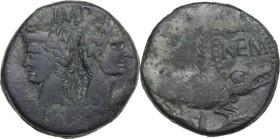 Augustus (27 BC - 14 AD) with Agrippa. AE As, Nemausus mint, c. 16 -10 BC. Obv. Heads of Agrippa, wearing combined rostral crown and laurel wreath, to...