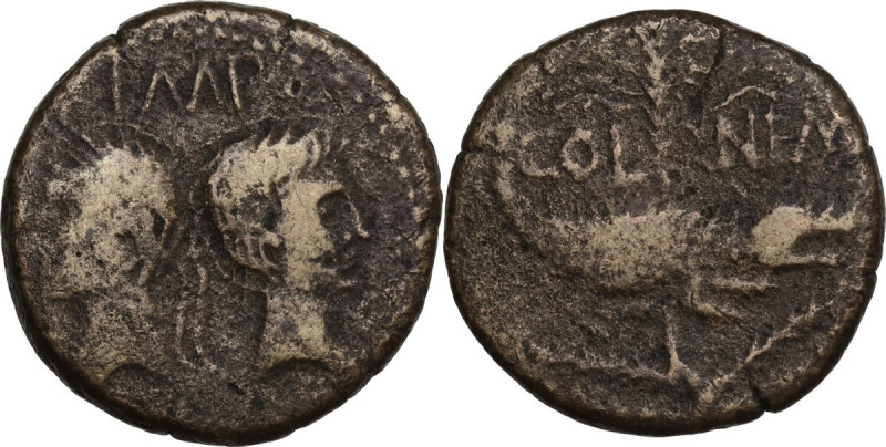 Augustus (27 BC - 14 AD) with Agrippa. AE As, Nemausus mint, c. 16 -10 BC. Obv. ...