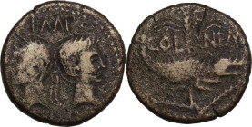 Augustus (27 BC - 14 AD) with Agrippa. AE As, Nemausus mint, c. 16 -10 BC. Obv. Heads of Agrippa, wearing combined rostral crown and laurel wreath, to...