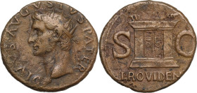 Divus Augustus (died 14 AD). AE As, struck under Tiberius (22-30). Obv. Head of Augustus, radiate, left. Rev. Altar-enclosure with double paneled door...