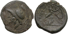 Greek Italy. Bruttium, The Brettii. AE Double unit, 208-203 BC. Obv. Helmeted head of Ares left. Rev. Athena advancing right, holding spear and large ...