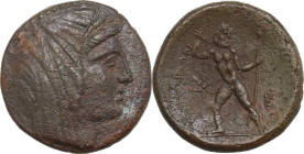 Greek Italy. Bruttium, Petelia. AE 21 mm, 215-204 BC. Obv. Veiled head of Demeter right, wearing wreath of grain. Rev. Zeus striding left, head right,...