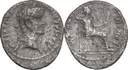 Tiberius (14-37). AR Denarius, Lugdunum mint. Obv. Head of Tiberius, laureate, right. Rev. Female figure, draped, right, seated, right on chair with p...