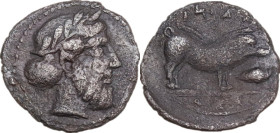 Sicily. Abakainon. AR Litra, 430-420 BC. Obv. Laureate and bearded head right. Rev. Boar right; to right, acorn. HGC 2 12. AR. 0.80 g. 12.00 mm. Toned...
