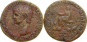 Nero Claudius Drusus (died 9 AD). AE Sestertius, struck under Claudius (50-54). Obv. Head of Nero Claudius Drusus, bare, left. Rev. Claudius, togate, ...