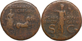 Germanicus (died 19 AD). AE Dupondius, struck under Caligula (37-41). Obv. Germanicus, bare-headed and cloaked, standing in quadriga, right, holding e...