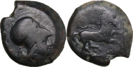 Sicily. Aitna. AE Hemilitron, 405-401 BC. Obv. Helmeted head of Athena right. Rev. Horse galloping right. CNS III 1. AE. 15.60 g. 24.50 mm. About VF.