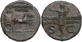 Germanicus (died 19 AD). AE Dupondius, struck under Caligula (37-41). Obv. Germanicus, bare-headed and cloaked, standing in quadriga, right, holding e...