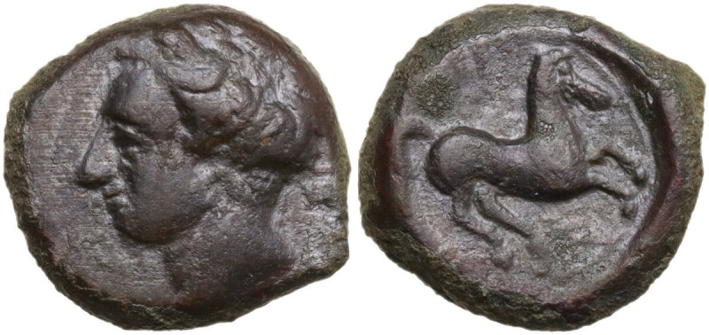 Sicily. Aitna. AE Litra, c. 405-401 BC. Obv. Laureate head left. Rev. Horse pran...