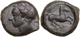 Sicily. Aitna. AE Litra, c. 405-401 BC. Obv. Laureate head left. Rev. Horse prancing right. Cf. CNS III 3 var. (head right). AE. 4.04 g. 16.00 mm. Abo...