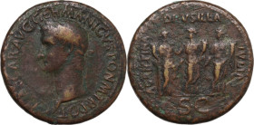 Gaius (Caligula) (37-41). AE Sestertius, 37-38. Obv. Head of Caligula, laureate, left. Rev. Three sisters of Caligula in guise of Securitas (Agrippina...