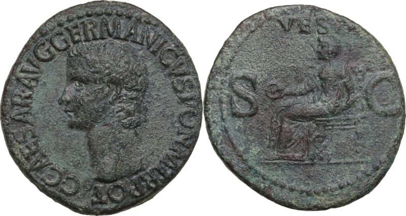 Gaius (Caligula) (37-41). AE As, 37-38. Obv. Head left. Rev. Vesta seated left, ...