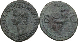 Gaius (Caligula) (37-41). AE As, 37-38. Obv. Head left. Rev. Vesta seated left, holding patera and sceptre. RIC I (2nd ed.) 38. AE. 10.10 g. 30.00 mm....