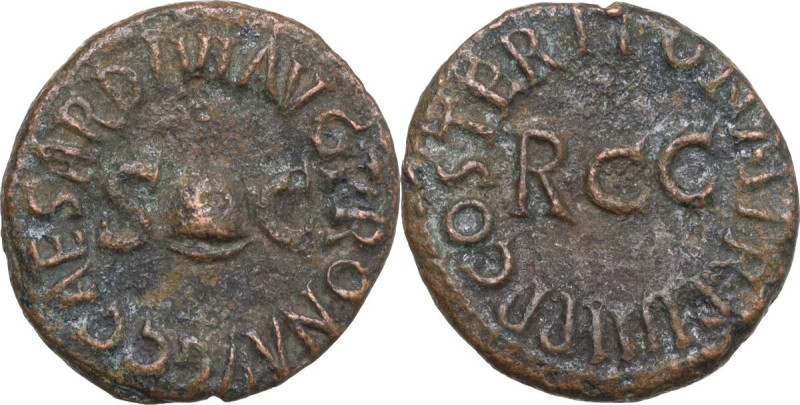 Gaius (Caligula) (37-41). AE Quadrans, 40-41. Obv. Pileus flanked by S C. Rev. L...