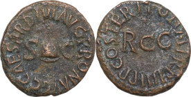 Gaius (Caligula) (37-41). AE Quadrans, 40-41. Obv. Pileus flanked by S C. Rev. Legend surrounding large RCC in center of field. RIC I (2nd ed.) 52. AE...
