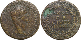Claudius (41-54). AE Sestertius, 41-50. Obv. Head of Claudius, laureate, right. Rev. Legend in four lines in oak-wreath. RIC I (2nd ed.) 96. AE. 26.70...