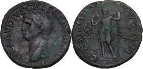 Claudius (41-54). AE As. Rome mint. Struck AD 42-43. Obv. Bare head left. Rev. Constantia standing left, raising hand and holding spear. RIC I (2nd ed...