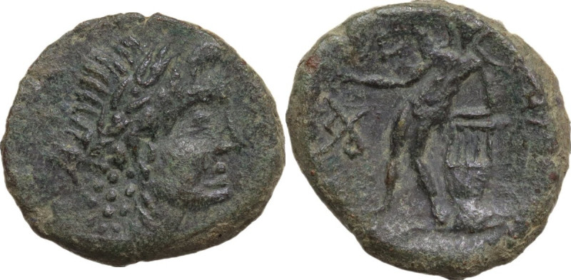 Sicily. Alaisa Archonidea. AE 20 mm, 208-186 BC. Obv. Laureate head of Apollo ri...