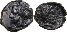 Sicily. Entella. AE Trias, 420-404 BC. Obv. Head of nymph Entella left. Rev. Head of river god right. CNS I 1. AE. 3.10 g. 18.00 mm. VF.