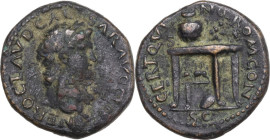 Nero (54-68). AE Semis, 62-68. Obv. Laureate head right. Rev. Table; on top, wreath and urn; below, shield resting against leg. RIC I (2nd ed.) 242. A...