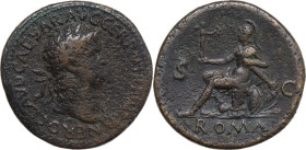 Nero (54 68). AE Sestertius, 62-68. Obv. Head of Nero, laureate, right with aegis. Rev. Roma, helmeted, in military dress, seated left on cuirass, hol...
