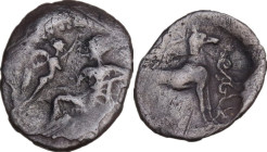 Sicily. Eryx. AR Litra, 409-398 BC. Obv. Aphrodite seated left, crowned by Eros. Rev. Hound right; above, star. Buceti 45. AR. 0.50 g. 13.00 mm. RR. V...
