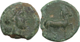 Sicily. Eryx. AE 17 mm, c. 4th century BC. Obv. Female head right. Rev. Horse prancing right. HGC 2 326; CNS I 18. AE. 2.83 g. 14.50 mm. RR. Nice gree...